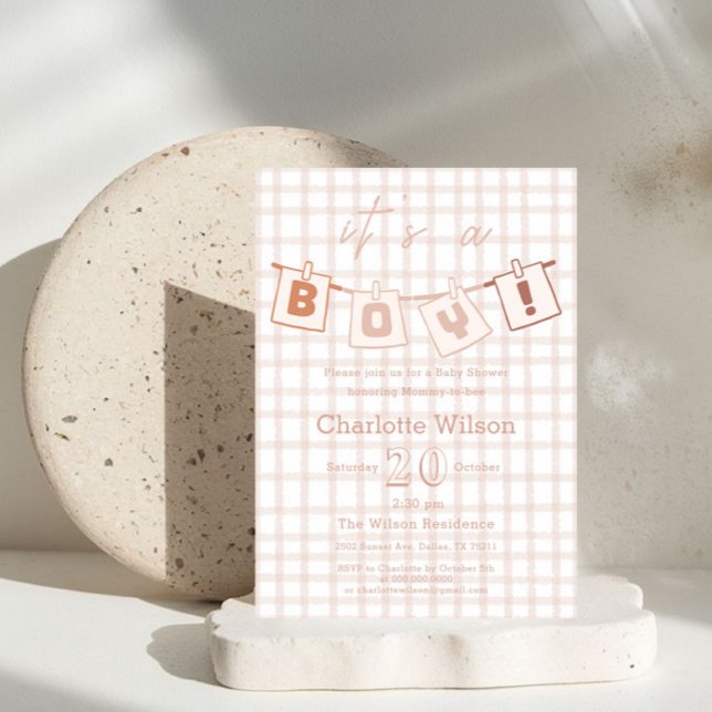 Niedlich Baby Boy Shower Brown Gingham Notedry Einladung (Von Creator hochgeladen)