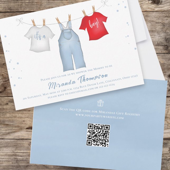 Niedlich Baby Boy Whimsical Denim Blue QR Code Einladung (Von Creator hochgeladen)