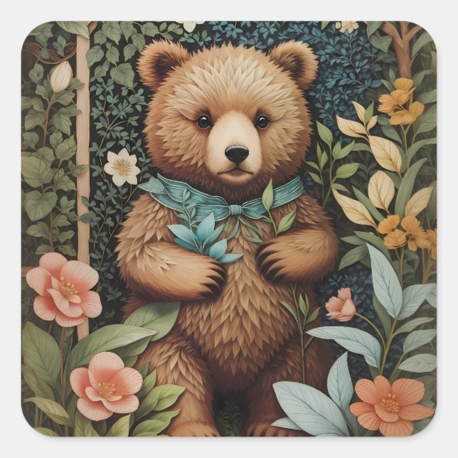 Niedlich Baby Brown Bear William Morris Inspiriert Quadratischer Aufkleber (Vorderseite)