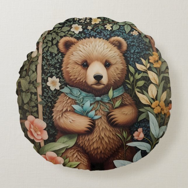 Niedlich Baby Brown Bear William Morris Inspiriert Rundes Kissen (Vorderseite)
