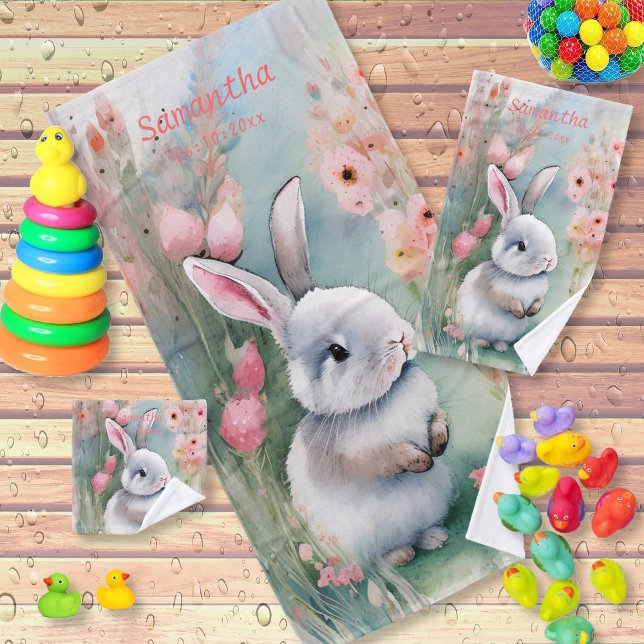Niedlich Baby Bunny Pastel Watercolor Frühlingsblu Badhandtuch Set (Von Creator hochgeladen)