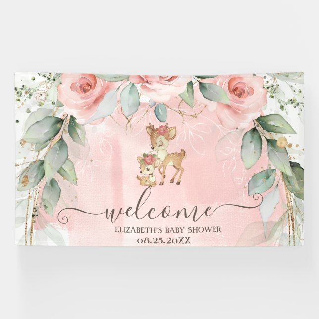Niedlich Baby Deer Pink Roses Banner (Horizontal)