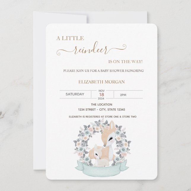 Niedlich Baby Deers Rose Babydusche Einladung (Vorderseite)