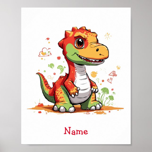 Niedlich Baby Dinosaur Individuelle Name Poster (Vorne)