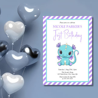 Niedlich Baby Dragon Lila Stripes 1. Geburtstag Einladung