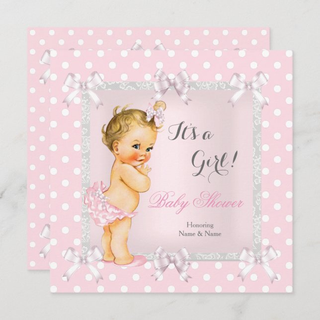 Niedlich Baby Duwer Girl Pink Grau Blonde Einladung (Vorne/Hinten)
