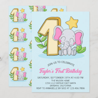 Niedlich Baby Elephant 1. Geburtstag Party Einladu Einladung