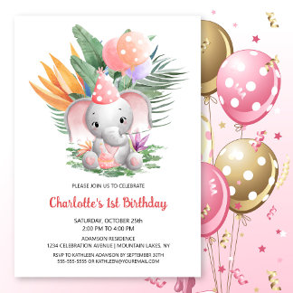 Niedlich Baby Elephant 1. Geburtstag Party Einladung