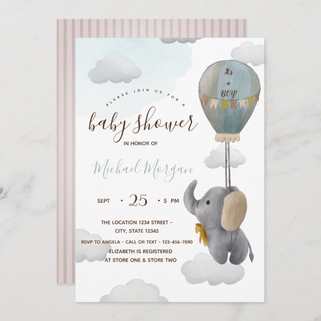 Niedlich Baby Elephant Ballon Stripes Baby Dusche Einladung (Vorne/Hinten)
