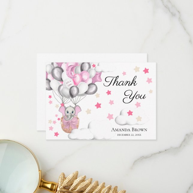 Niedlich Baby Elephant Balloon Babydusche | Vielen Dankeskarte (Vorderseite/Rückseite Beispiel)