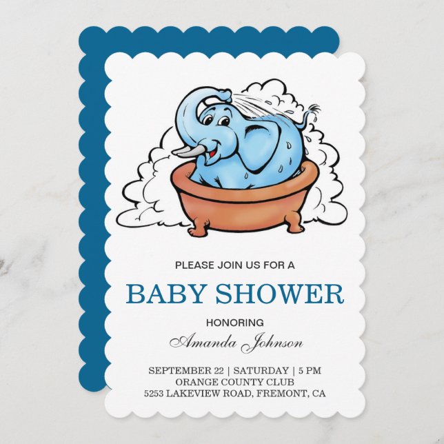 Niedlich Baby Elephant Bath Tub Babydusche Einladu Einladung (Vorne/Hinten)