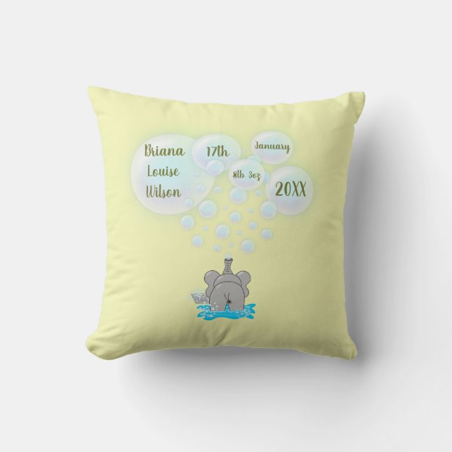 Niedlich Baby Elephant Blasblasen Mit Monogramm Kissen (Vorderseite)