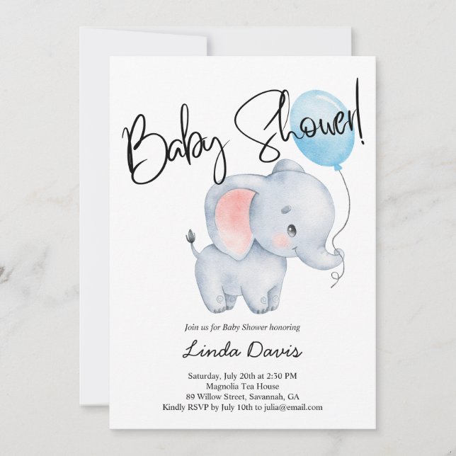 Niedlich Baby Elephant Blue Balloon Baby Dusche Einladung (Vorderseite)
