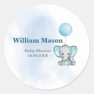 Niedlich Baby Elephant Blue Balloon Wassercolor Runder Aufkleber