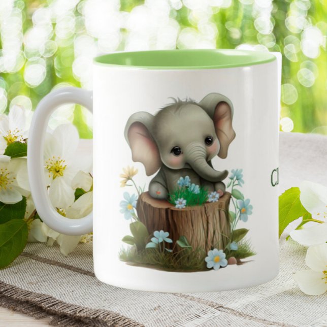 Niedlich Baby Elephant Blue Blumen Personalisiert Zweifarbige Tasse (Von Creator hochgeladen)