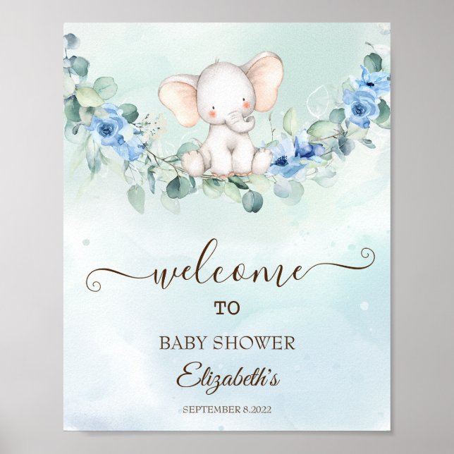 Niedlich Baby Elephant Blue Rose Poster (Vorne)