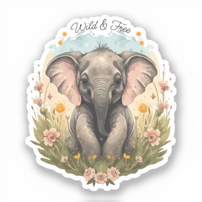 Niedlich Baby Elephant Calf Wildblume Wanderlust Aufkleber (Vorderseite)