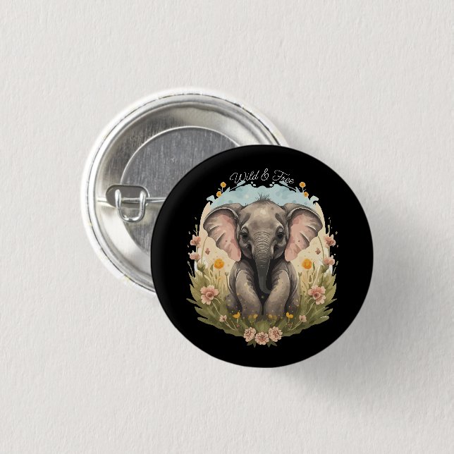 Niedlich Baby Elephant Calf Wildblume Wanderlust Button (Vorne & Hinten)