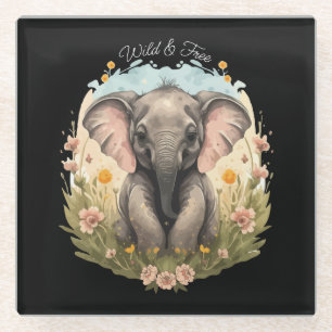 Niedlich Baby Elephant Calf Wildblume Wanderlust Glasuntersetzer