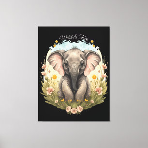 Niedlich Baby Elephant Calf Wildblume Wanderlust Leinwanddruck