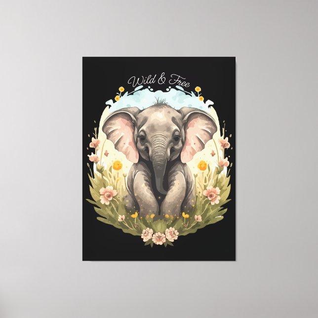 Niedlich Baby Elephant Calf Wildblume Wanderlust Leinwanddruck (Vorderseite)