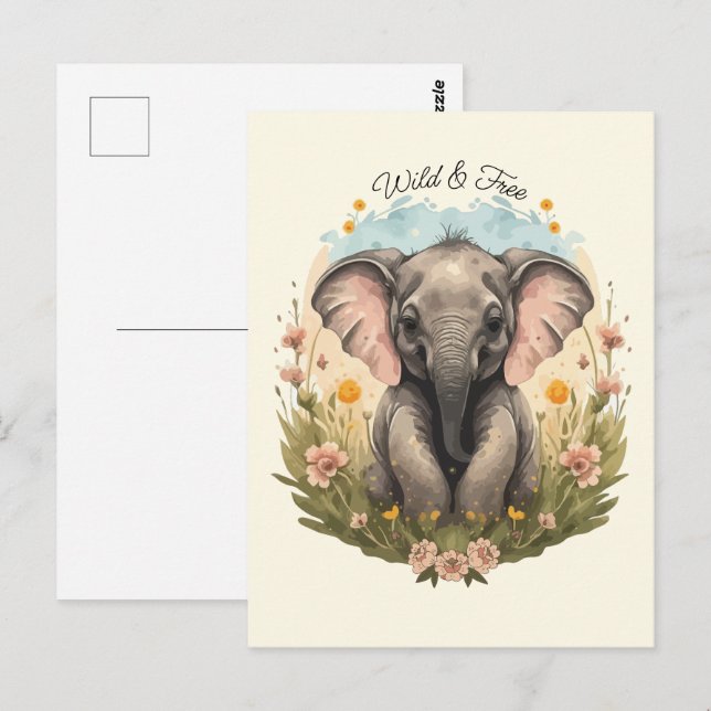 Niedlich Baby Elephant Calf Wildblume Wanderlust P Postkarte (Vorne/Hinten)