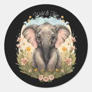 Niedlich Baby Elephant Calf Wildblume Wanderlust Runder Aufkleber