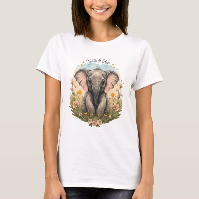 Niedlich Baby Elephant Calf Wildblume Wanderlust T-Shirt (Vorderseite)