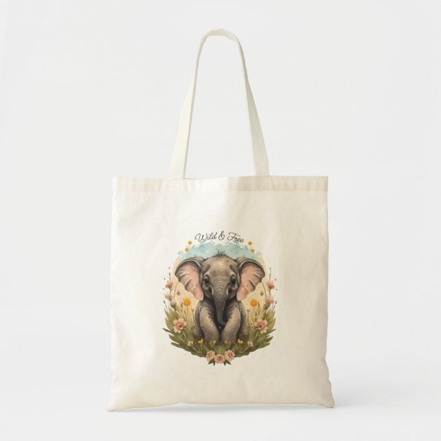 Niedlich Baby Elephant Calf Wildblume Wanderlust Tragetasche (Vorne)