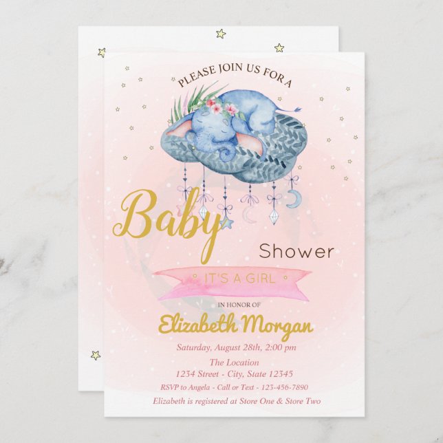 Niedlich Baby Elephant Cloud, Stars Baby Dusche Einladung (Vorne/Hinten)