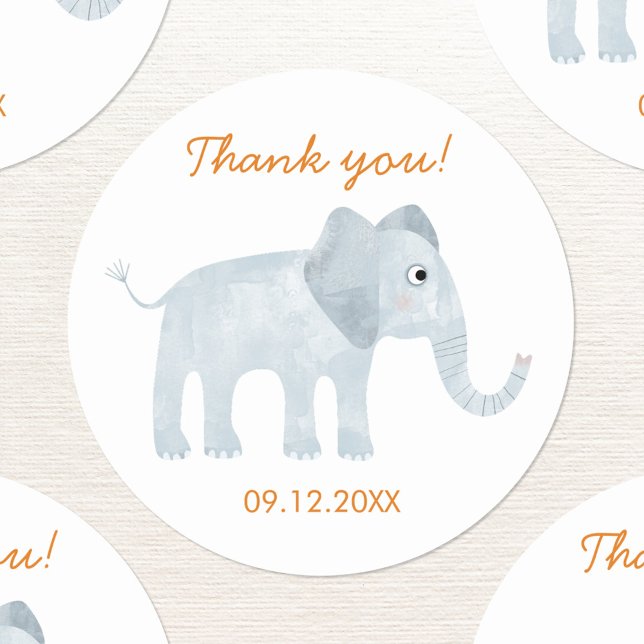 Niedlich Baby Elephant Danke Datum Runder Aufkleber (Cute baby elephant watercolor thank you sticker with date and custom text)