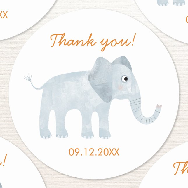 Niedlich Baby Elephant Danke Datum Runder Aufkleber (Fun baby elephant safari themed custom text thank you sticker with date)