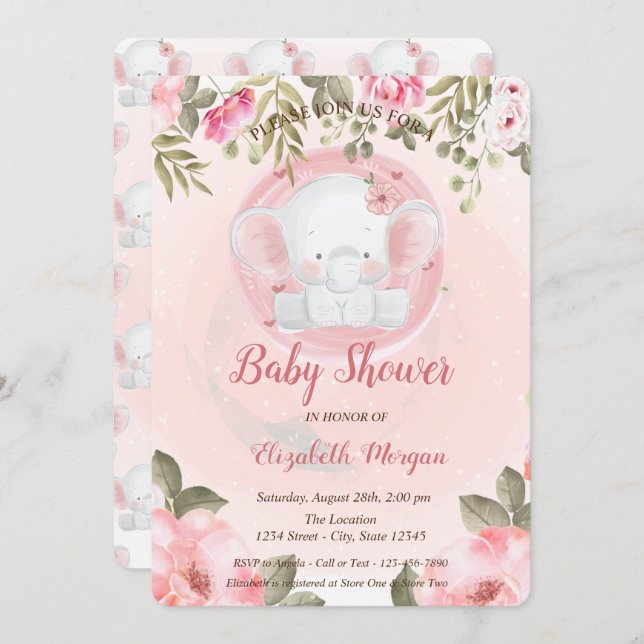 Niedlich Baby Elephant Floral Baby Dusche Einladun Einladung (Vorne/Hinten)