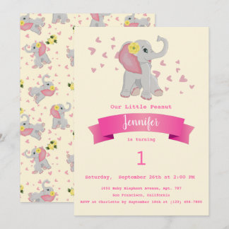Niedlich Baby Elephant Floral Erster Geburtstag Pa Einladung