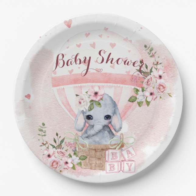 Niedlich Baby Elephant Floral Pink Babydusche Pappteller (Vorderseite)