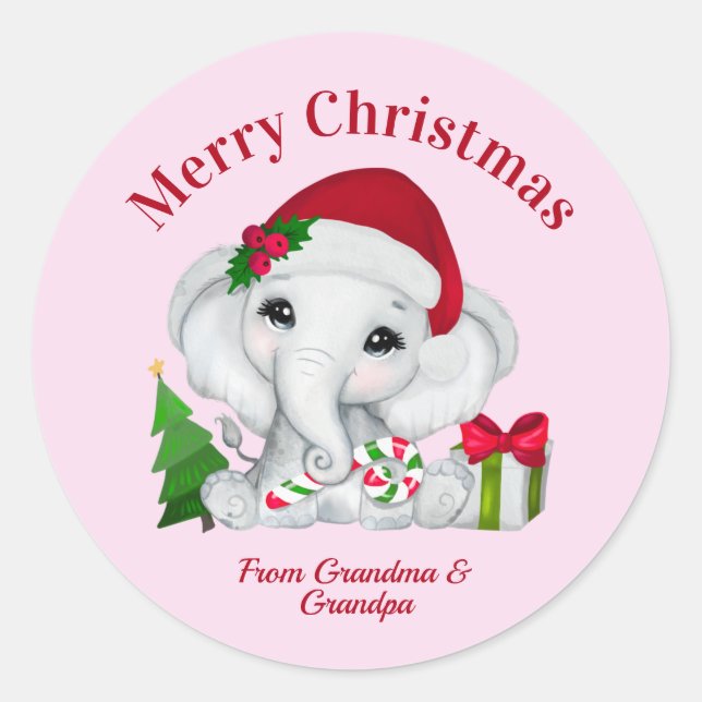 Niedlich Baby Elephant Frohe Weihnachten Pink Runder Aufkleber (Vorderseite)