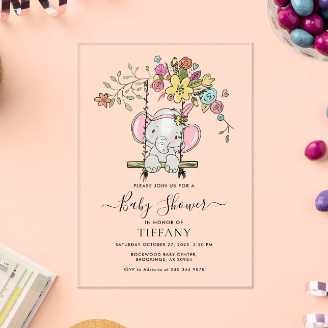 Niedlich Baby Elephant Girl Floral Swing Babydusch Acryleinladungen (Von Creator hochgeladen)