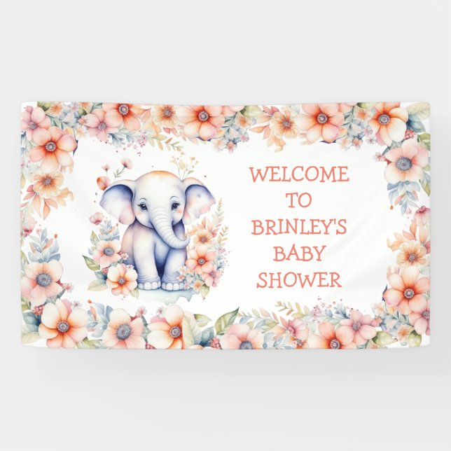 Niedlich Baby Elephant Girl's Baby Shower Banner (Horizontal)