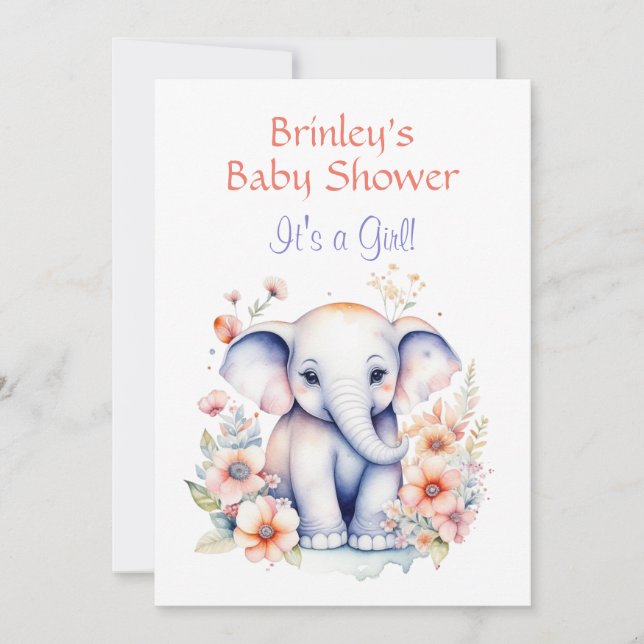 Niedlich Baby Elephant Girl's Baby Shower Einladung (Vorderseite)