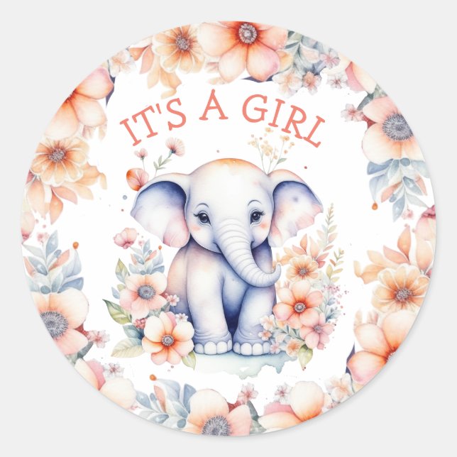 Niedlich Baby Elephant Girl's Baby Shower Runder Aufkleber (Vorderseite)