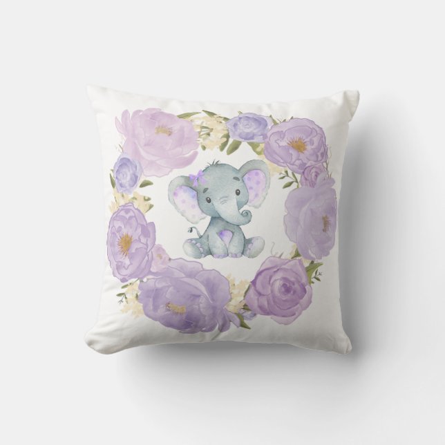 Niedlich Baby Elephant Lila Floral Girl Kinderzimm Kissen (Vorderseite)