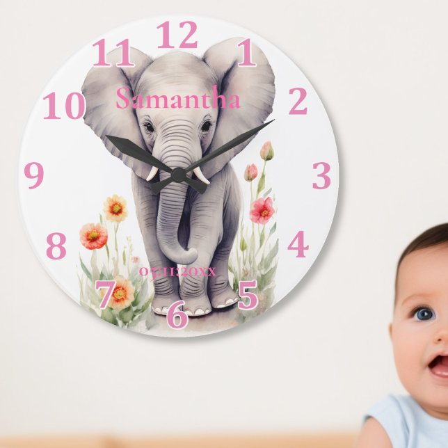 Niedlich Baby Elephant Pastel Watercolor Spring Bl Große Wanduhr (Von Creator hochgeladen)