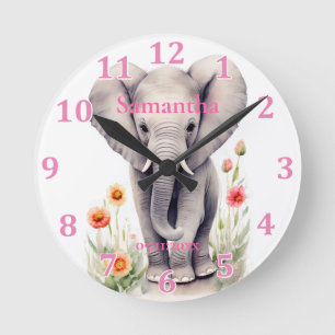 Niedlich Baby Elephant Pastel Watercolor Spring Bl Runde Wanduhr