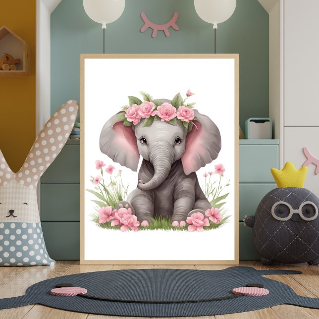 Niedlich Baby Elephant Pink Blume Kinderzimmer Poster (Cute Adorable Baby Elephant with Pink Flowers on head Nursery Wall Art Wall Decor Poster Print)