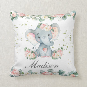 Niedlich Baby Elephant Pink Blumengrün Kinderzimme Kissen