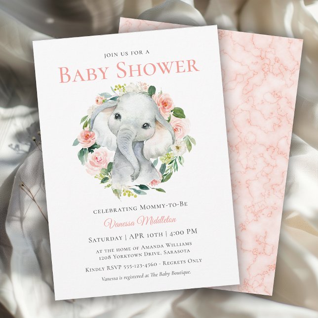 Niedlich Baby Elephant Pink Floral Baby Dusche Einladung (Available in both printed and instant download digital formats.)