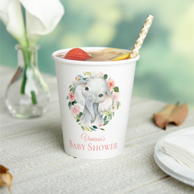 Niedlich Baby Elephant Pink Floral Baby Dusche Pappbecher (In Situ)