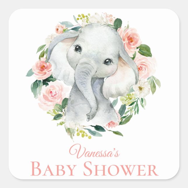 Niedlich Baby Elephant Pink Floral Baby Dusche Quadratischer Aufkleber (Vorderseite)