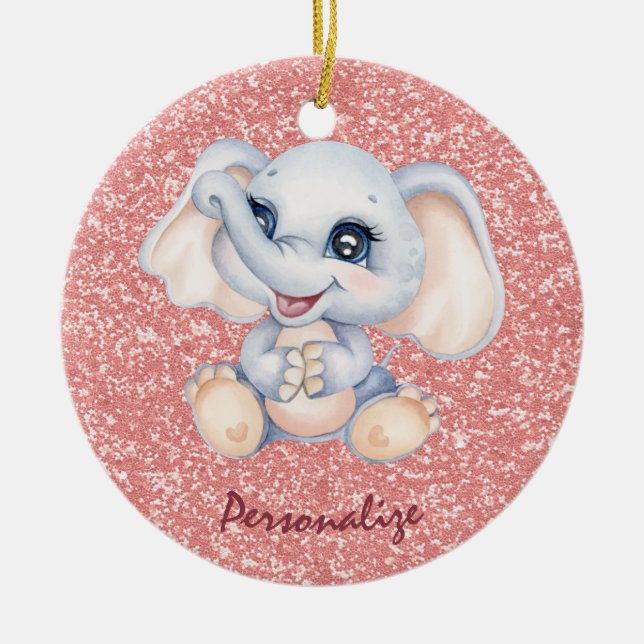 Niedlich Baby Elephant Pink Glitzer personalisiere Keramik Ornament (Vorne)