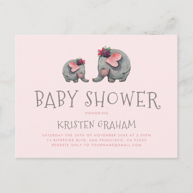Niedlich Baby Elephant | Pink Watercolor Babydusch Einladungspostkarte (Vorderseite)
